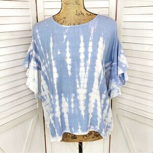 Style Envy Tie‎ Dye Tiered Ruffle Sleeve Top Blue White Large